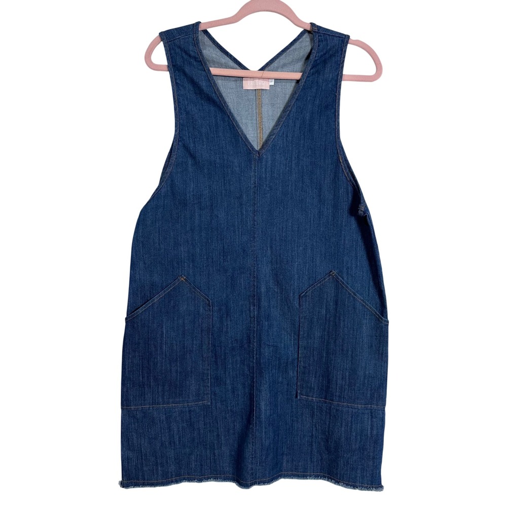 Farrow  Denim Pinafore Jumper Dress V-Neck Raw Hem‎ Pockets Large boho western